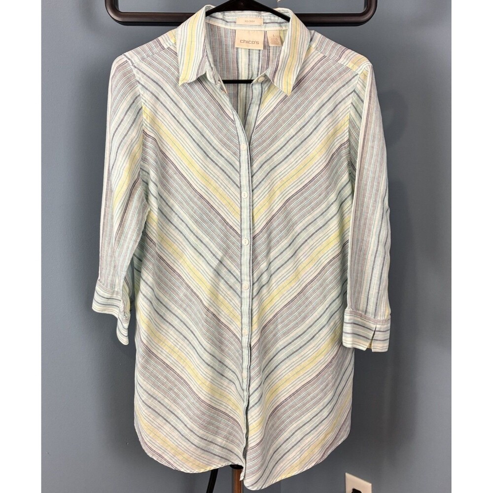 Chicos Womens Linen No Iron 3/4 Sleeve Striped Blouse Size 1 (medium)